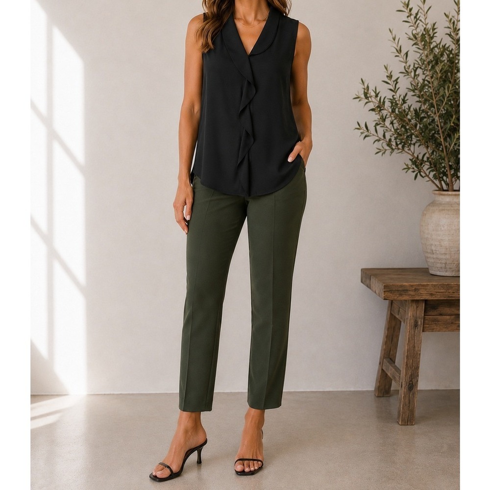 Misook Black Sleeveless Ruffle Front Shawl Collar Blouse Top XL